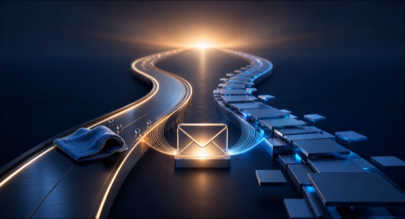 An envelope between two illuminated paths, one being polished and one being built toward a shared destination.
