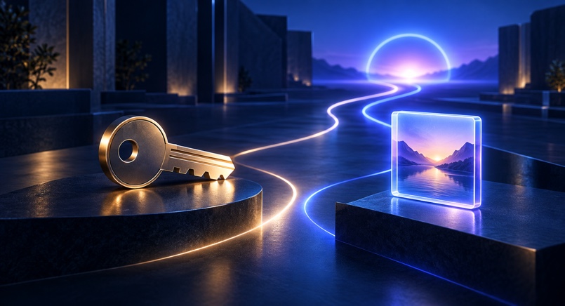 A metallic key and illuminated image tile follow glowing paths toward a bright blue and violet horizon.